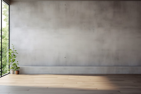 Interior view features concrete wall, wooden floor, and houseplant near the window. A peaceful view with sunlight streams through glass.の素材