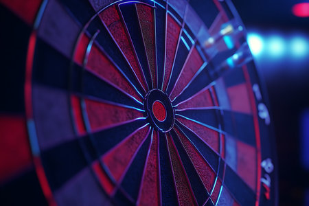Close-up of a dartboard showing red bullseye under blue neon light. The target's surface with number markings is clearly visible in a dark ambiance.の素材