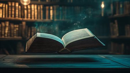 Antique book lying open on an old wooden table with rows of blurred bookshelves, illuminated by a lightbulb and enhanced with glowing particles.の素材