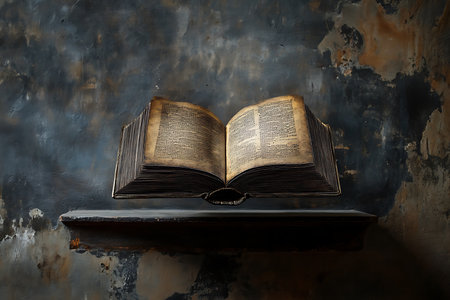 Detailed close-up featuring an open, ancient book displaying textured pages and ornate script. It's placed on a simple wood shelf before a grunge-style dark wall.の素材