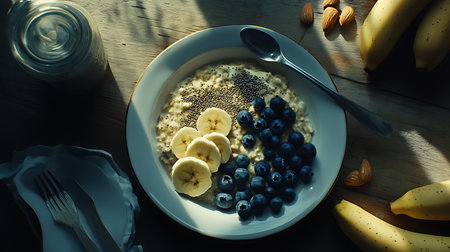 Overhead shot of an oatmeal bowl filled with chia seeds, bananas, and blueberries with a silver spoon, and almonds on a rustic wooden surface.の素材