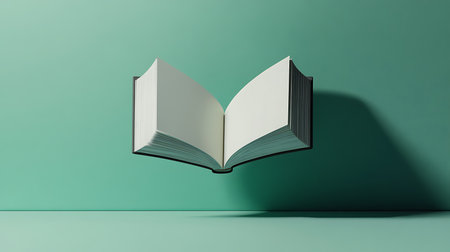 Front-facing view of a hardcover book with blank pages floating on a mint green colored backdrop. The book's open pages create a symmetrical shape.の素材