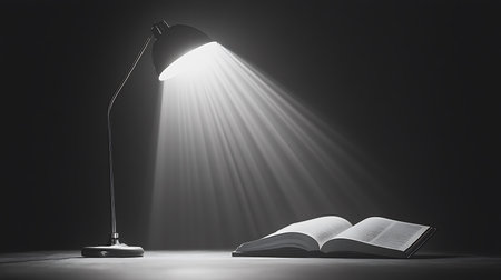 Monochrome shot featuring an open book brightly lit by a desk lamp, set against a dark backdrop, highlighting the focus on study and learning concepts.の素材