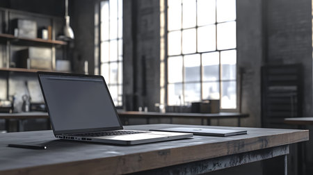 Workplace showcasing an open laptop, phone, and closed tablet on a wooden table inside a modern loft with large windows providing soft daylight.の素材