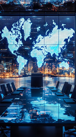 An executive conference room features a digital world map display, sleek furniture, and a night city view, creating a futuristic meeting ambiance.の素材