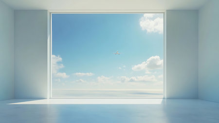 Interior showcases white airplane flying against a blue sky with clouds, viewed through a large window in bright room, enhancing sense of modern living.の素材