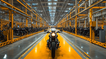 Front view shows motorcycle in a production facility with yellow conveyor and frame structure. Rows of bikes fill the plant.の素材