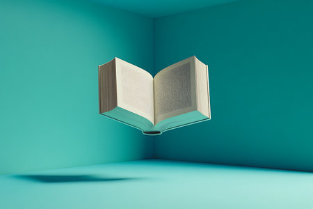Open book floating in the air with its shadow, set against a simple teal room backdrop symbolizing learning and publication.の素材