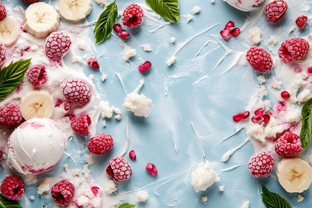 Overhead view featuring ripe raspberries, sliced bananas, bits of pomegranate, and white cream against a textured blue background.の素材