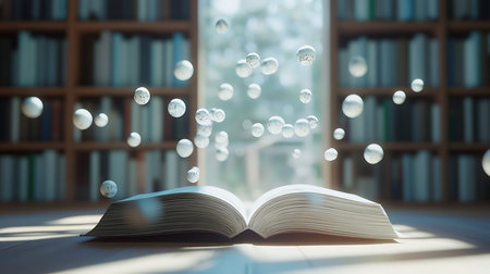 Depicts an open book on a wooden surface with blurred bookcase in background, accentuated by floating textured spheres above the book.の素材