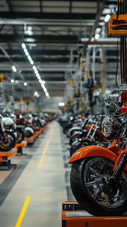 An orange motorcycle sits on an industrial factory assembly line, featuring chrome details in a manufacturing setting, highlighted by focused, detailed shot.の素材