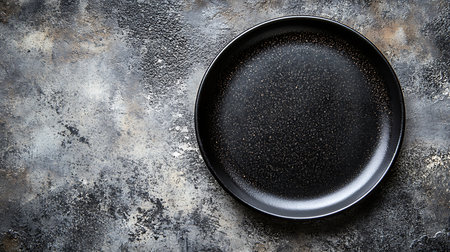 Top-down shot features a black plate with speckled details contrasting against a rough gray stone background, creating a rustic food presentation backdrop.の素材