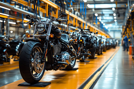 Showcasing new black motorcycles aligned in a factory setting with a bright yellow floor and industrial backdrop, chrome headlights, and smooth tires.の素材