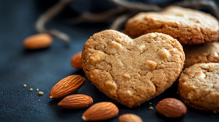 Focus on stacked heart cookies and scattered almonds on dark surface, creating a warm and inviting display of homemade baked goods.の素材