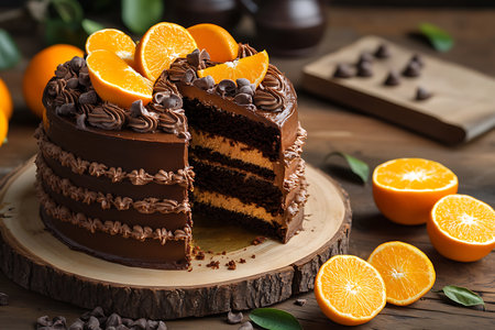 Indulgent three-layered chocolate cake decorated with chocolate chips and slices of oranges, placed on wooden platter over a textured wooden surface.の素材