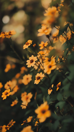 A collection of orange Zinnia flowers are in bloom in their natural habitat, exhibiting soft focus and fresh verdant foliage in the frame.の素材