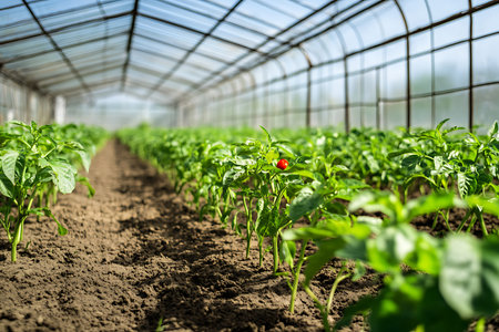 Pepper plants with red fruit growing inside a greenhouse. The soil is tilled in rows, and there's abundant greenery under the transparent structure.の素材