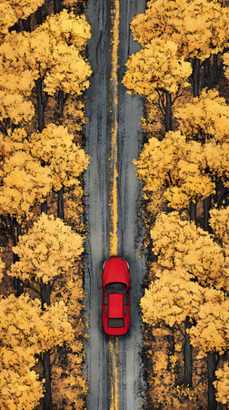 Overhead shot. Red car driving through road with the surrounding autumn trees. The trees have orange and yellow leaves, making it a colorful scene.の素材
