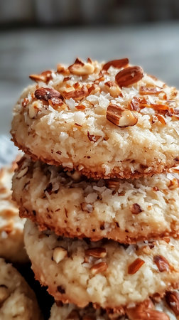 Detailed, close-up view of a stack of cookies, featuring toasted almonds and shredded coconut with crispy edges and delicious texture.の素材