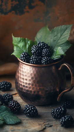 Close-up shot features ripe blackberries with leaves spilling from a rustic copper mug on weathered wood with dark, moody food styling.の素材