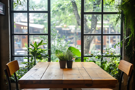 Wood table featuring potted plants, with chairs, near a large window overlooking lush green trees on a bright day. Relaxed indoor cafe setting.の素材