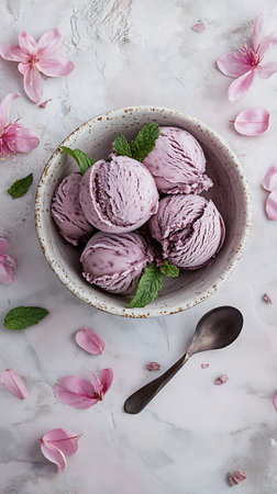 Overhead angle shot of purple ice cream scoops in a bowl with mint garnish, a spoon and pink flower petals on a white textured surface.の素材
