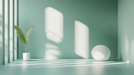 Sunlight streams into an aqua room featuring a potted palm, a spherical object, and a vertical geometric wall pattern, creating a calm, modern interior scene.の素材