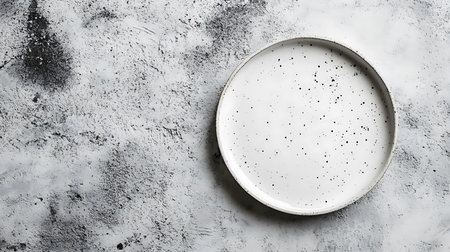 A top-view studio shot showcases a round white plate with black speckles sitting on a textured gray grunge surface, creating a monochrome aesthetic.の素材