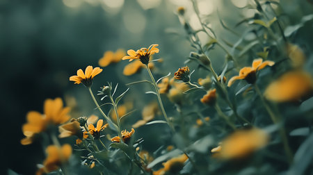Field view showcasing many Zinnia flowers in bloom featuring vivid yellow petals, green stems, and foliage, set against a soft outdoor backdrop.の素材