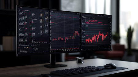 Multiple computer screens display graphs, financial charts, numbers, and data. Keyboard and mouse present on the table in office workspace.の素材