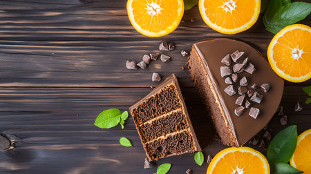 Aerial shot displaying a chocolate cake slice alongside orange segments and mint leaves arranged on a rustic brown wooden surface.の素材