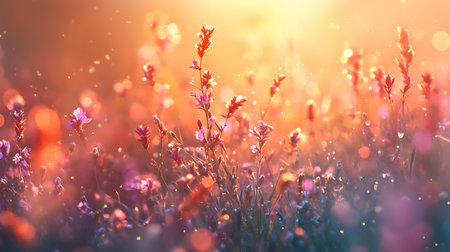 Golden hour illuminates a field of small purple wildflowers with bokeh effect, creating warm, dreamy and ethereal atmosphere.の素材