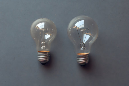 Two clear light bulbs showing filaments on a textured grayish blue backdrop, creating a vintage, still life composition with a neutral color palette.の素材