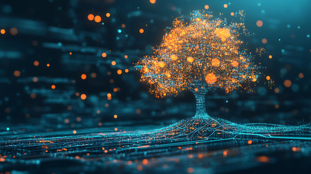 An abstract tree of connected digital nodes and lines, with orange bokeh orbs scattered on a teal and blue gradient background, creating a data visualization.の素材