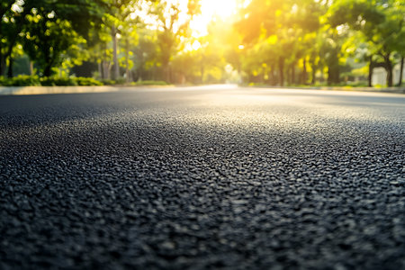 Low-angle shot focusing on an asphalt road's texture, illuminated by golden sunlight and framed by green trees and a soft blue sky backdrop.の素材