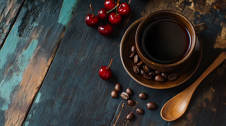 Top-down view featuring black coffee in a wooden cup alongside scattered coffee beans, cherries, and a wooden spoon on a rustic blue wood table.の素材