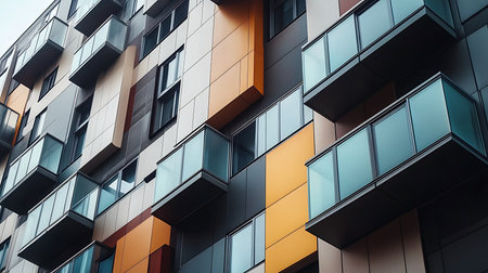 Low-angle view showcases sleek, modern architecture featuring balconies with glass panels and a facade of gray, beige, and orange panels.の素材