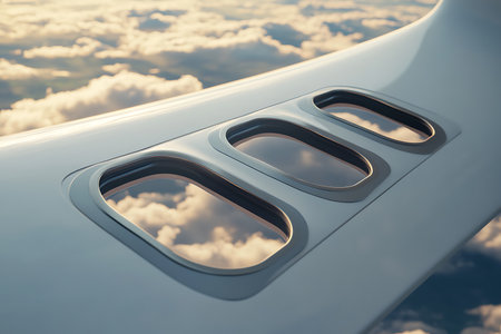 Close-up showcasing an airplane's wing with porthole windows, offering a skyward view with fluffy clouds visible through the glass during a bright day flight.の素材