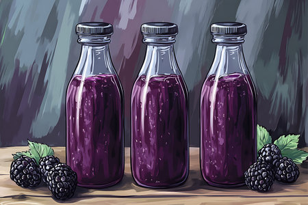 Close-up shows three glass bottles with fresh blackberry juice sitting on a wooden table, complemented by clusters of ripe blackberries with vibrant green leaves.の素材