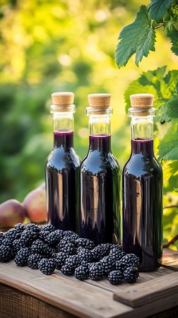 Eye-level shot showcases blackberry syrup in three glass bottles with cork stoppers with pile of fresh blackberries. Fruits out of focus on a wooden tray.の素材