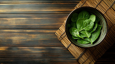 Top-down captures a ceramic bowl filled with green spinach on a woven bamboo placemat, displayed on a rustic wood surface. Healthy eating concept.の素材