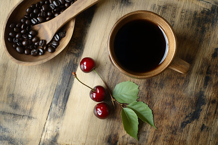 Overhead shot displays coffee beans, a wooden spoon, cherries, leaves, and a full cup of black coffee on aged wood surface. A natural and warm-toned image.の素材