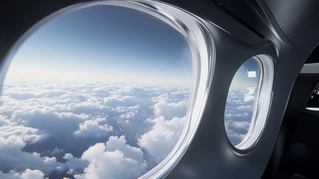 Interior perspective reveals fluffy clouds and bright blue sky seen through windows inside futuristic spacecraft or high altitude aircraft cabin.の素材