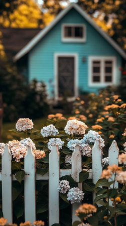 Serene outdoor shot features a quaint blue cottage with white trim, framed by a weathered white picket fence and blooming hydrangeas. Captured on a bright day.の素材