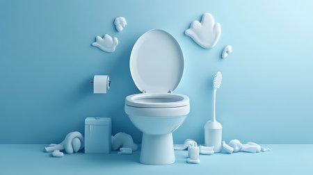 Clean bathroom interior shot in shades of blue features stylized cloud wall decor, toilet paper, cleaning brush, and accessories.の素材