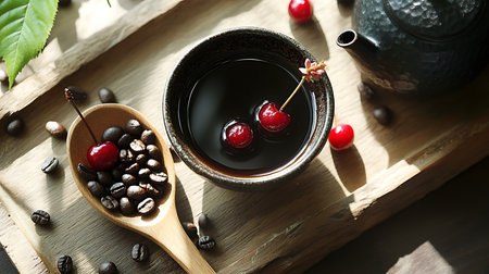 Close-up showcases a rustic setup with cherries in a tea bowl, a black kettle, and coffee beans in a spoon, all arranged on a wooden tray under natural lighting.の素材