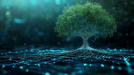 Artistic rendition of a digital tree with a binary code trunk, glowing circuit roots, and floating, bokeh-lit nodes illustrating artificial intelligence.の素材