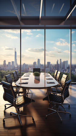 Features an elongated conference table with a small potted plant on it surrounded by black leather chairs, cityscape view through clear glass windows.の素材