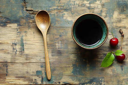 Top-down view features a ceramic bowl with dark liquid, wooden spoon and cherries resting on a weathered wooden surface, food photography.の素材