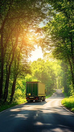 Rear view of a delivery truck traversing a winding asphalt road, framed by lush green trees and bright sunlight filtering through the forest canopy.の素材